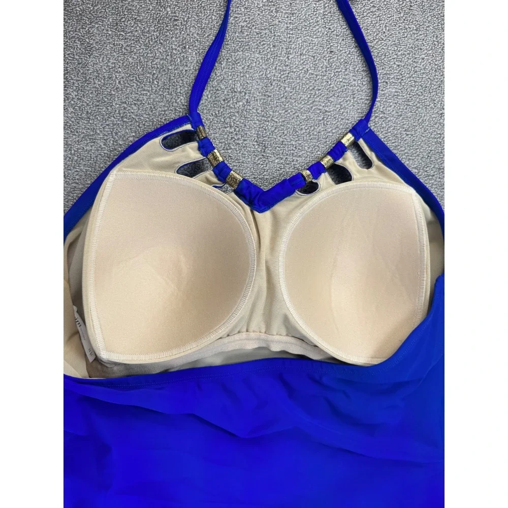 Cacique One Piece Swimsuit Plus Size 22 Royal Blue Halter Gold Hardware Wireless
